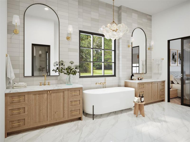 Bathroom with vanity, an inviting chandelier, a tub, and tile walls