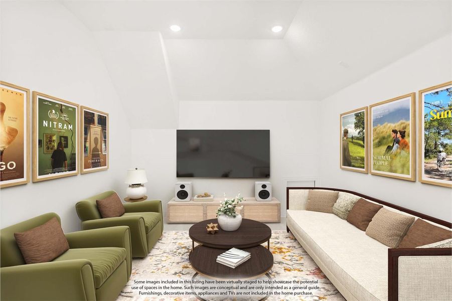 Media room with wall-mounted TV, green armchairs, cream sofa, and framed movie posters on white walls