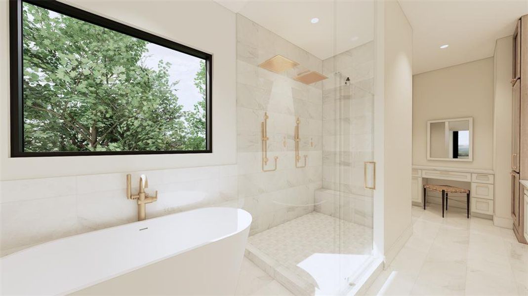 Primary bathroom soaking tub and shower with dual shower heads.