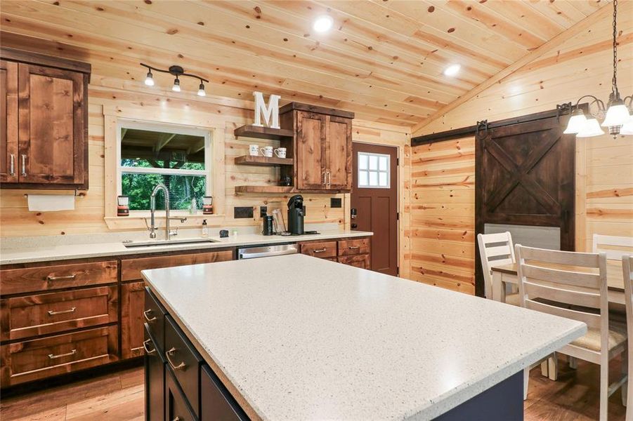 Kitchen featuring wood walls and pendant lighting