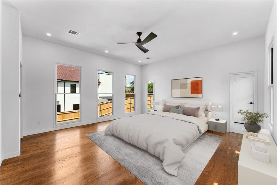 Bedroom featuring recessed lighting, wood finished floors, and ceiling fan