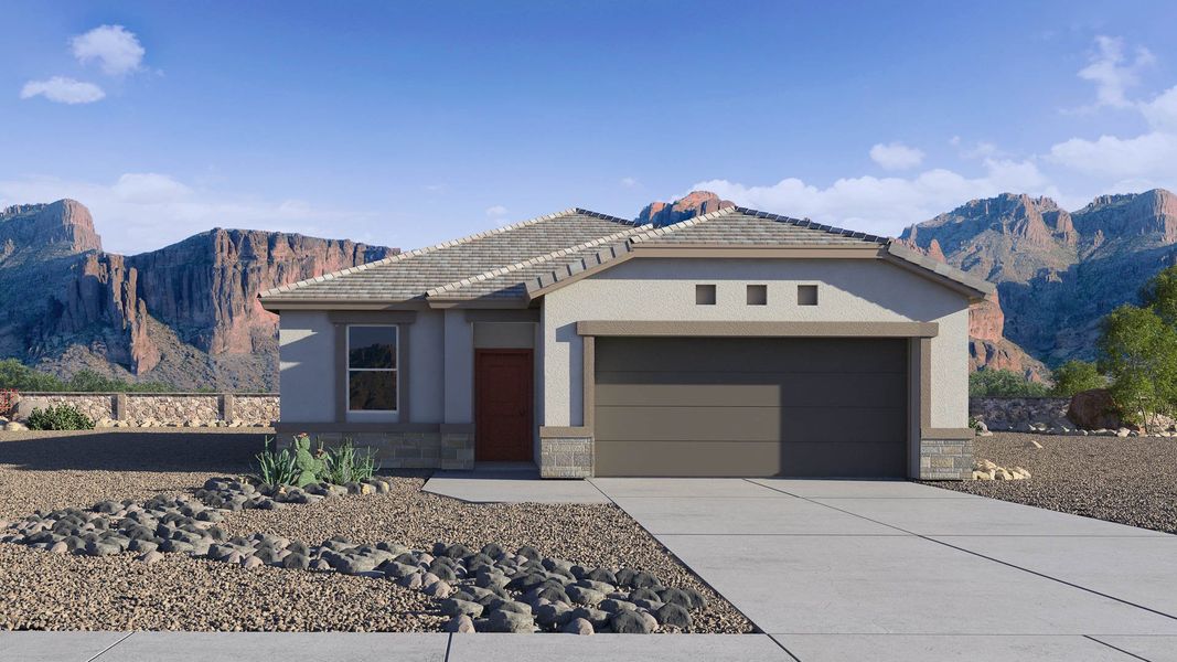 Front exterior of a new home in Heartland Ranch, Coolidge, AZ, highlighting curb appeal (Image 1). Front exterior of a new home in Heartland Ranch, Coolidge, AZ, highlighting curb appeal (Image 1).