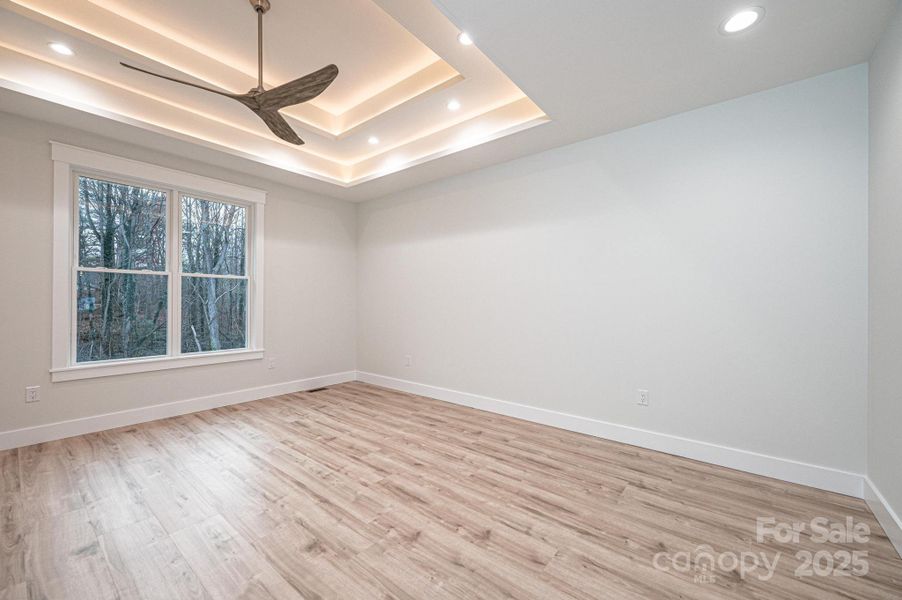 Primary Suite with Dbl Tray Ceiling with Rope Accent lighting plus Recessed Lighting and CF Primary Suite with Dbl Tray Ceiling with Rope Accent lighting plus Recessed Lighting and CF