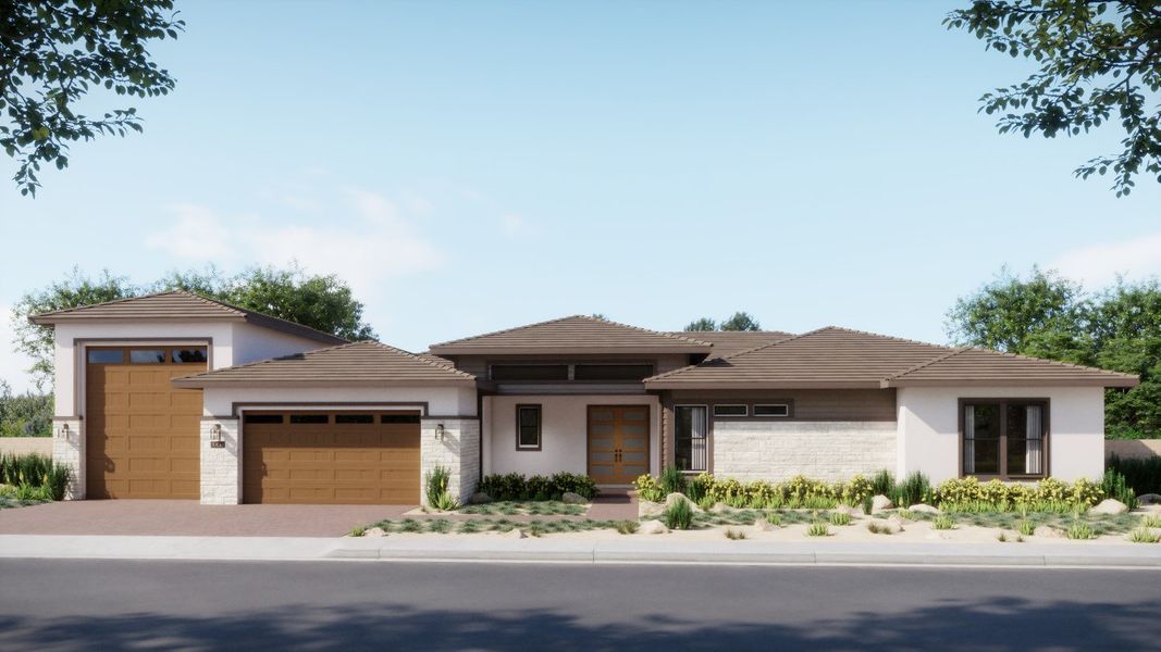 Front exterior of a new home in Estates at Kings Ranch, Gold Canyon, AZ, highlighting curb appeal (Image 21).