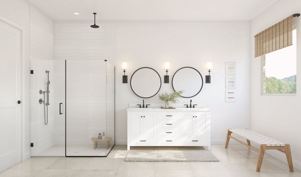 Primary bath with freestanding vanity