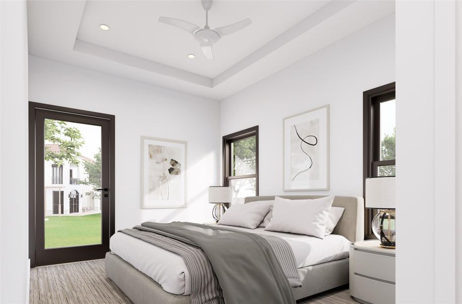 This bedroom features a modern design with a tray ceiling and recessed lighting. It has large windows and a glass door that allow plenty of natural light, offering an alternative entrance. En-suite bathroom. Large walk-in closet. This bedroom features a modern design with a tray ceiling and recessed lighting. It has large windows and a glass door that allow plenty of natural light, offering an alternative entrance. En-suite bathroom. Large walk-in closet.