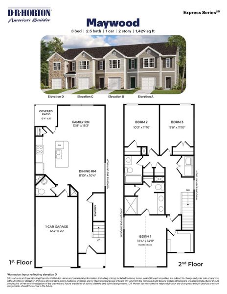 2D floor plan layout of this home in The Townes at Ridgewood Farms, Winterville, NC (Image 2).
