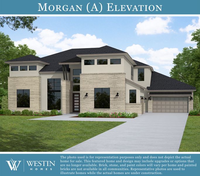 Representative exterior photo of a completed home built from the The Morgan by Westin Homes in Rough Hollow - Las Brisas, Austin, TX (Image 1).