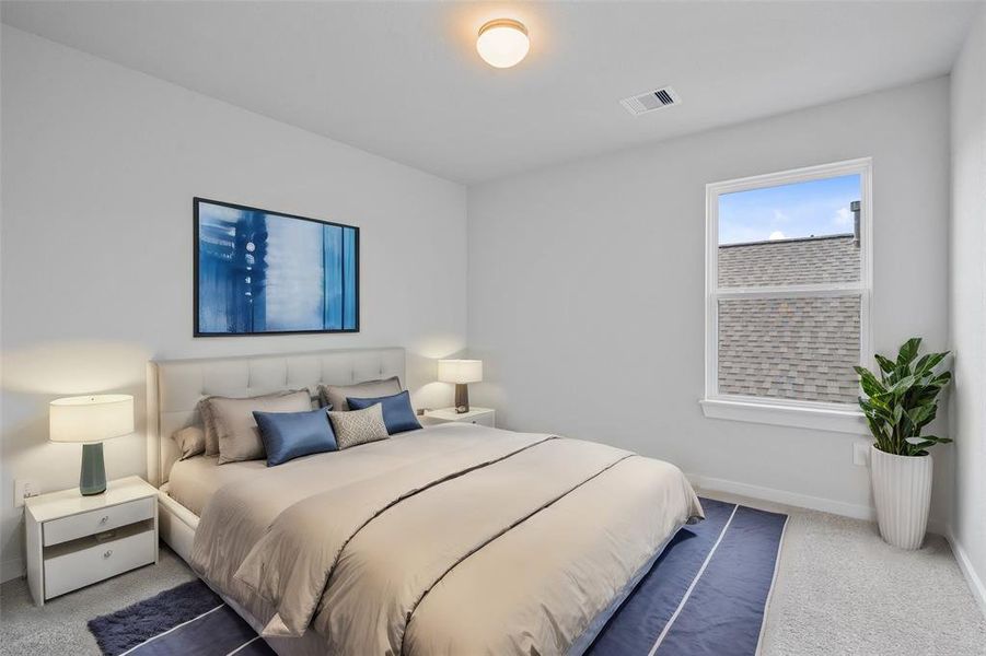 Secondary bedroom features plush carpet, custom paint and a large window.