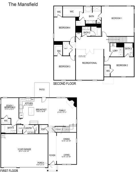 2D floor plan layout for the Mansfield by D.R. Horton in Grandview at Lanier, Dawsonville, GA (Image 3).