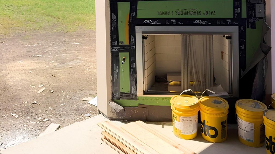 A modern outdoor fireplace is currently under construction on the covered back patio.
