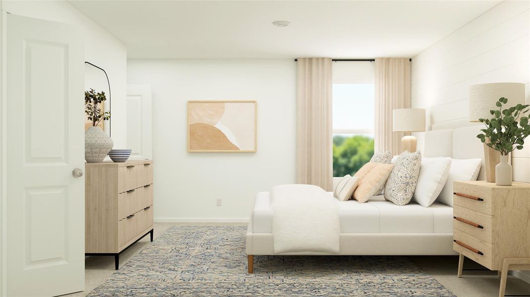 This bedroom is bright and inviting, featuring a large window with sheer curtains, neutral walls, and cozy decor. It includes a comfortable bed with multiple pillows, a stylish dresser with decorative vases, and a rug that adds warmth to the space.