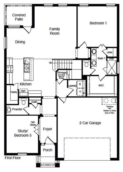 D.R. Horton's Redrock Floorplan 1st Floor  - All Home and community information, including pricing, included features, terms, availability and amenities, are subject to change at any time without notice or obligation. All Drawings, pictures, photographs, video, square footages, floor plans, elevations, features, colors and sizes are approximate for illustration purposes only and will vary from the homes as built.