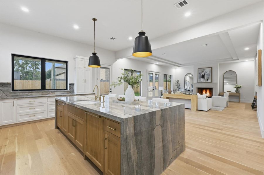 View from the beautiful kitchen into the living room
