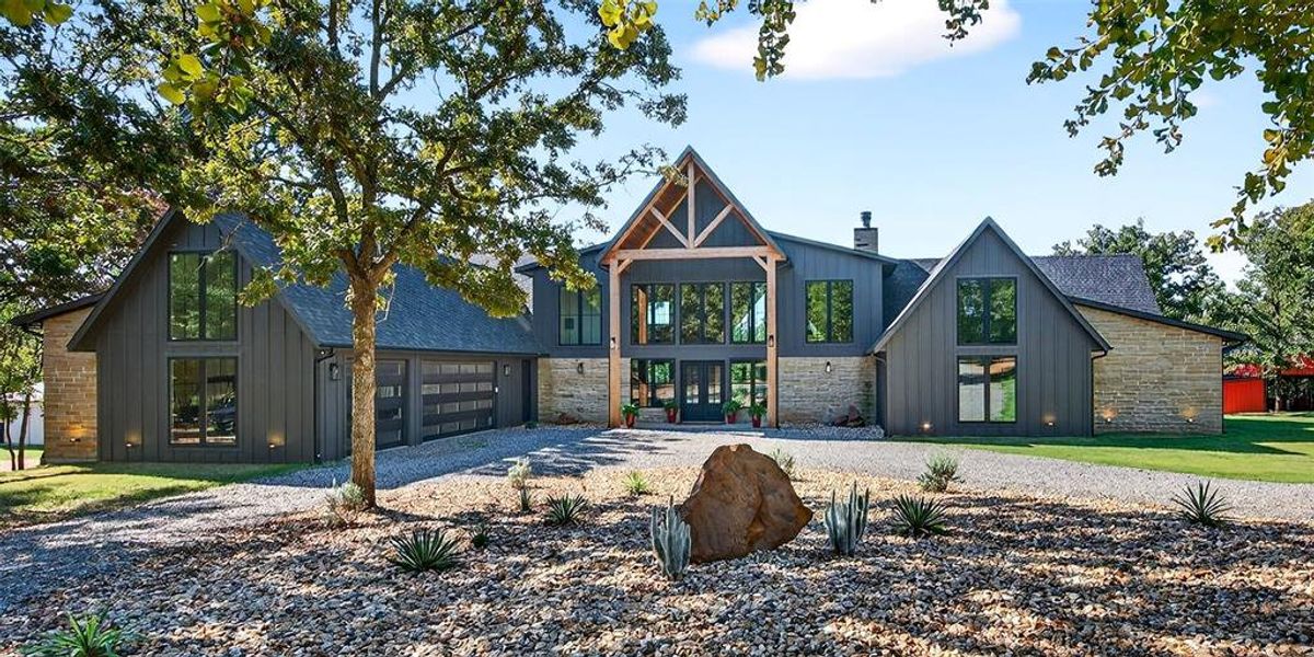 View of front of house featuring gravel driveway, board and batten siding, a chimney, and stone siding View of front of house featuring gravel driveway, board and batten siding, a chimney, and stone siding