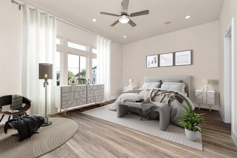 Huge master bedroom with tons of natural lighting and ceiling fan.( Virtual Staging)