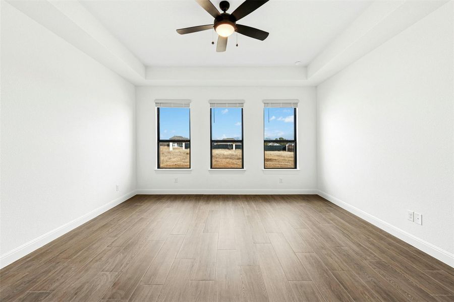 Unfurnished room featuring dark wood-style floors, a tray ceiling, plenty of natural light, and ceiling fan