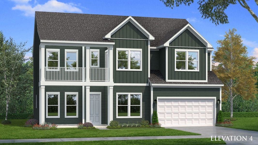 Exterior rendering of home with Hardie siding and board and batten accents and second floor balcony