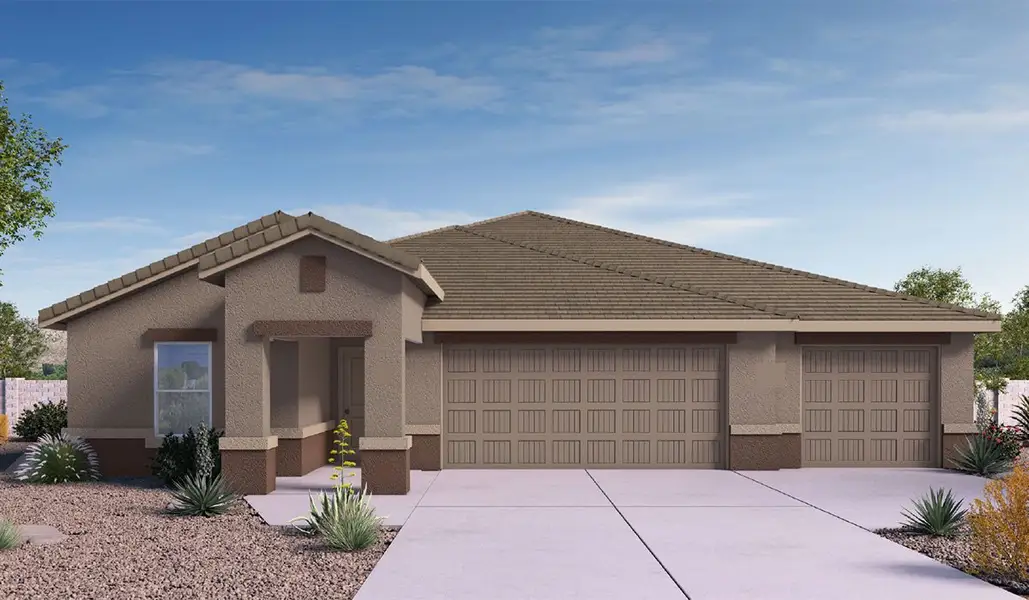 Front exterior of a new home in Saguaro Bloom, Marana, AZ, highlighting curb appeal (Image 1).