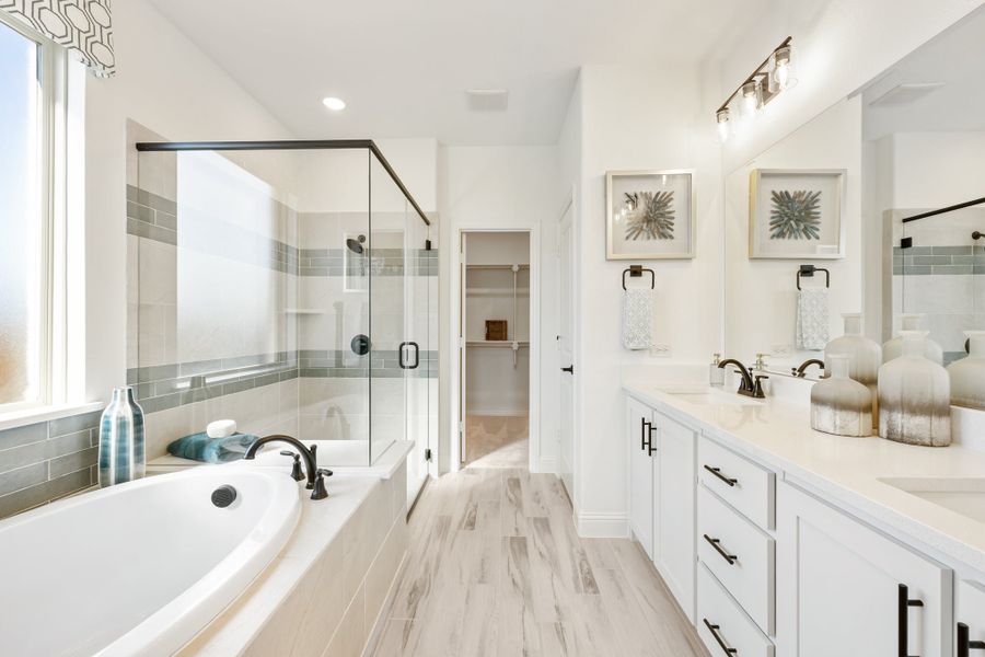 Master bathroom with soaking tub, glass walk-in shower, double vanity, and walk-in closet access