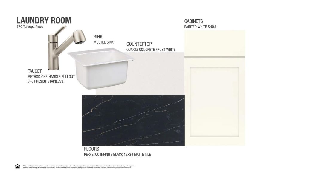 Visualize your future laundry room with a sleek pullout faucet, pristine white cabinets, and elegant black matte tile flooring.