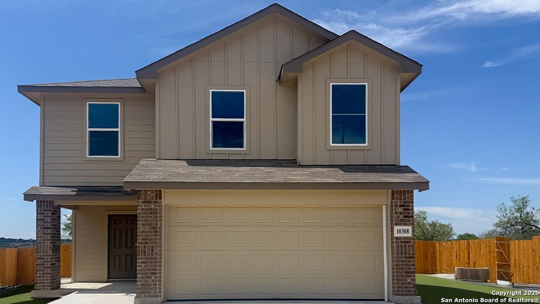 Front exterior of a new home in Sereno Springs, Converse, TX, highlighting curb appeal (Image 1). Front exterior of a new home in Sereno Springs, Converse, TX, highlighting curb appeal (Image 1).