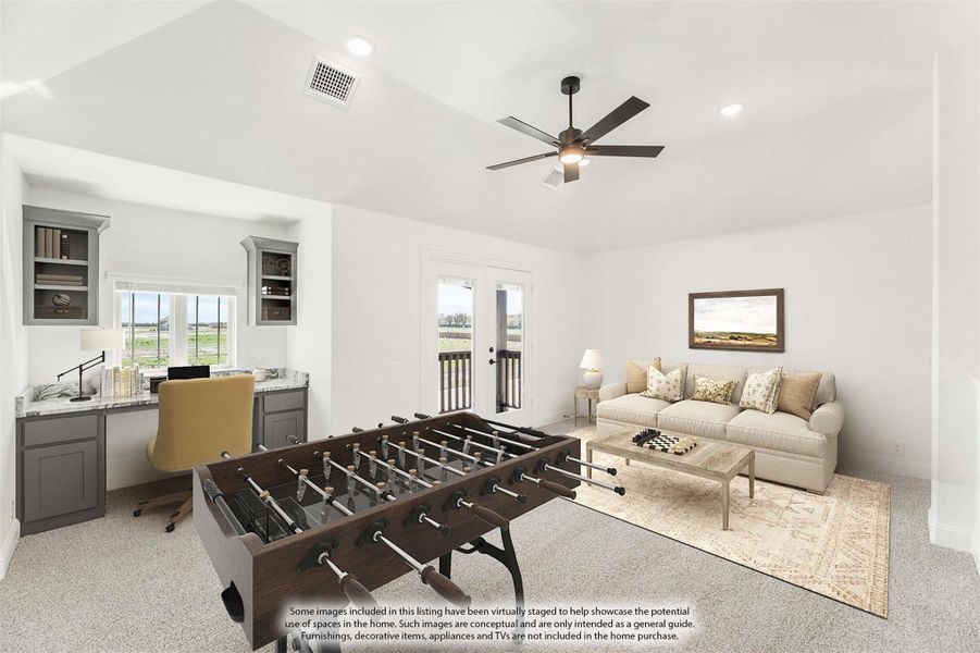 Bonus room with foosball table, built-in desk, seating area, and ceiling fan on vaulted ceiling Bonus room with foosball table, built-in desk, seating area, and ceiling fan on vaulted ceiling