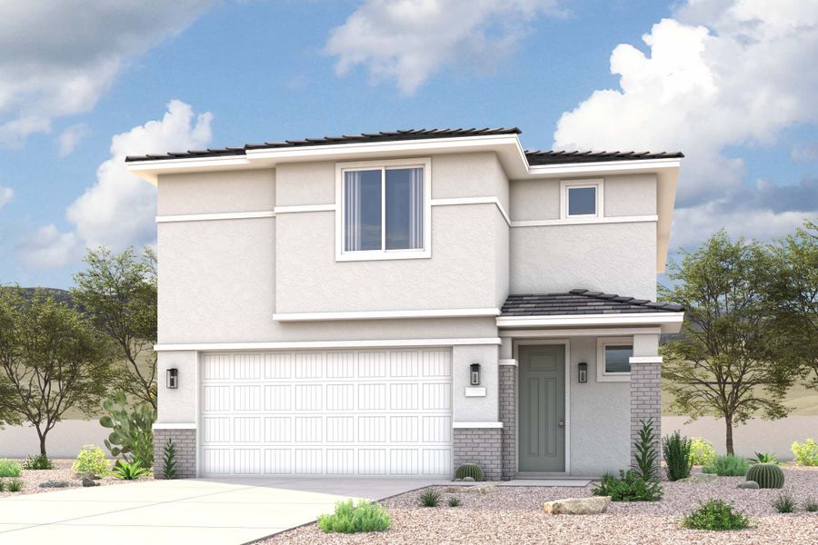 Rendering of front of new home for sale in San Tan Valley, AZ at Skyline Village the Highlands Collection by Century Communities with 2 car garage. Rendering of front of new home for sale in San Tan Valley, AZ at Skyline Village the Highlands Collection by Century Communities with 2 car garage.