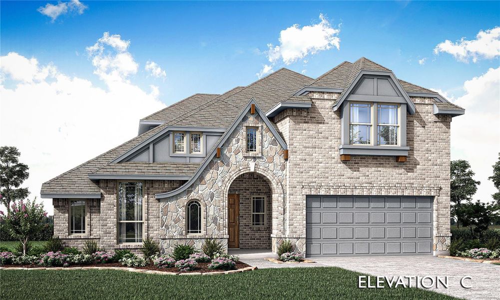 Two-story brick and stone home with arched entry, two-car garage, and pitched roof, Elevation C Two-story brick and stone home with arched entry, two-car garage, and pitched roof, Elevation C