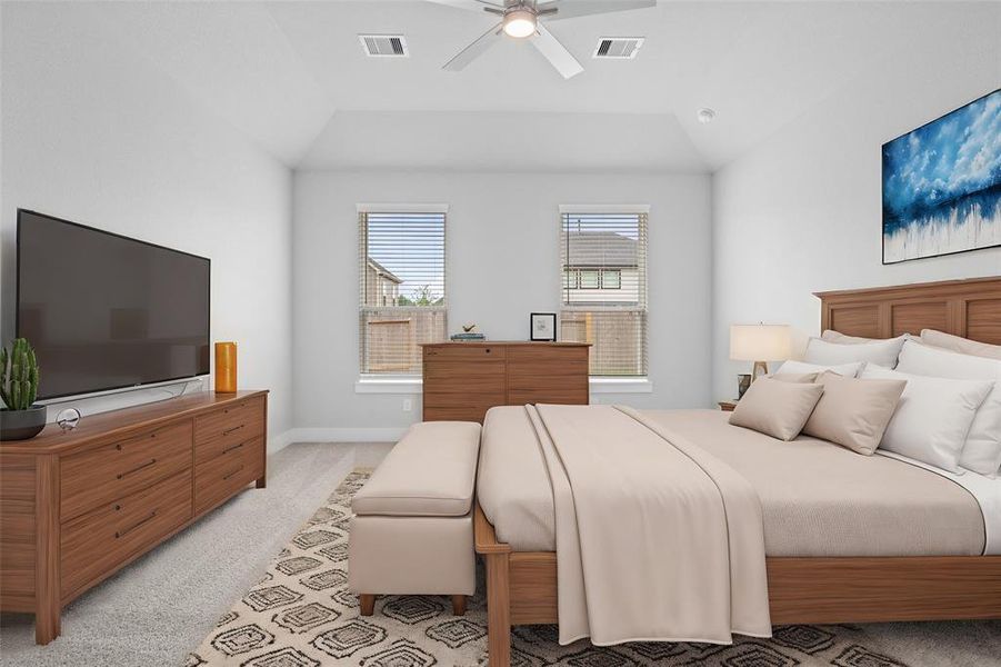 Come and unwind after a long day in this magnificent primary suite! This spacious room features plush carpet, warm paint, high ceilings, beautiful custom ceiling fan, and large windows with privacy blinds!