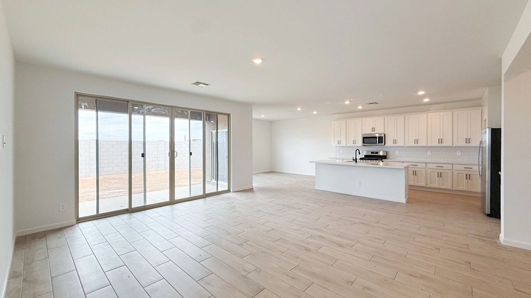 Great room, kitchen and dining