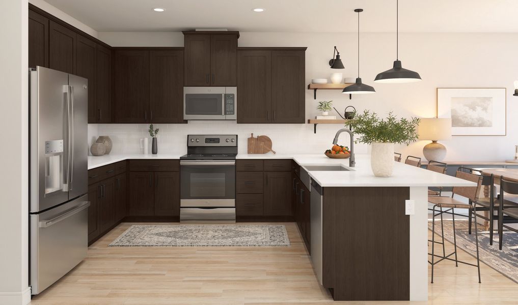 Kitchen with pendant lighting and floating shelves