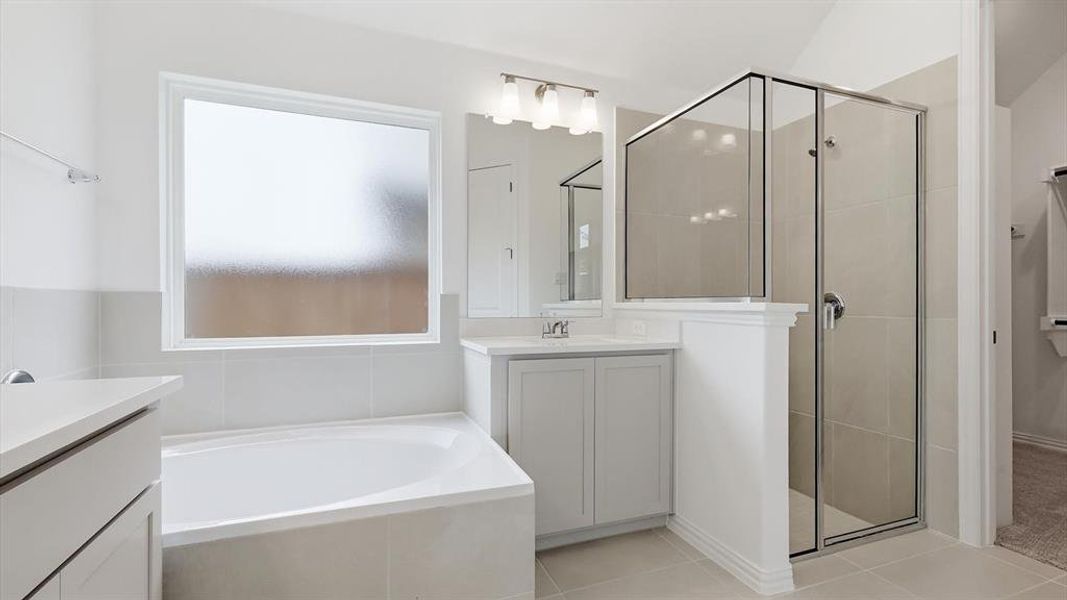 Bathroom featuring a soaking tub, a separate glass-enclosed shower, a single vanity with storage, and a frosted window Bathroom featuring a soaking tub, a separate glass-enclosed shower, a single vanity with storage, and a frosted window