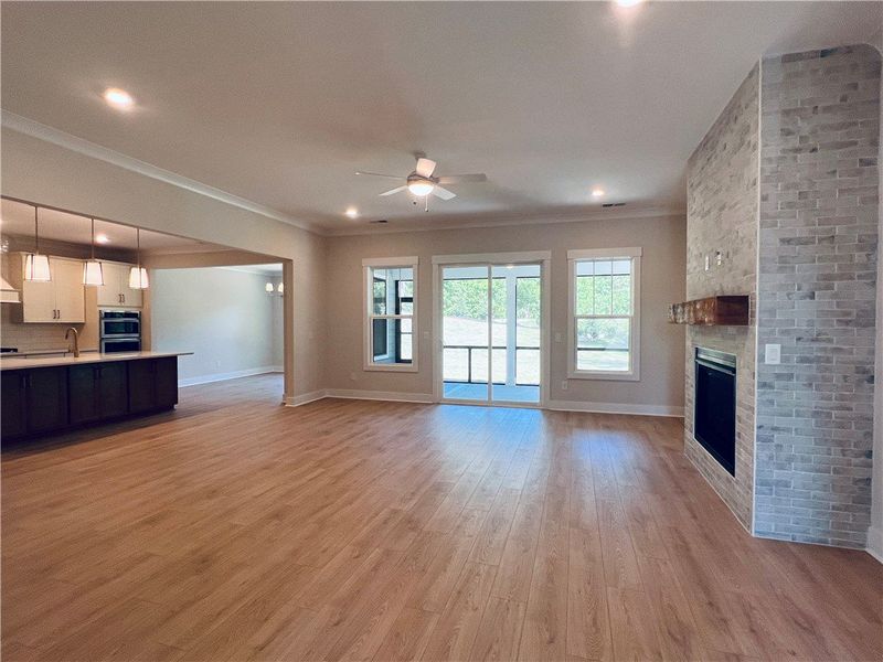 An inviting open-concept area connects the kitchen