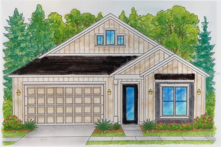 Exterior rendering of this home design in Fairway Pointe at West End, Newberry, FL (Image 1). Exterior rendering of this home design in Fairway Pointe at West End, Newberry, FL (Image 1).