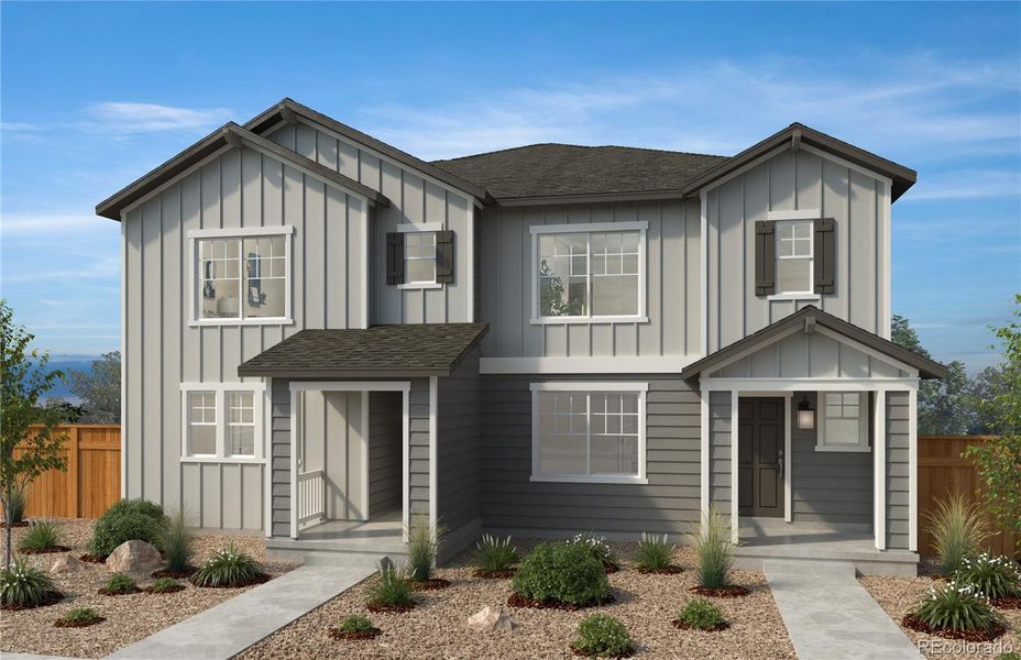Front exterior of a new home in Farmlore, Brighton, CO, highlighting curb appeal (Image 1).