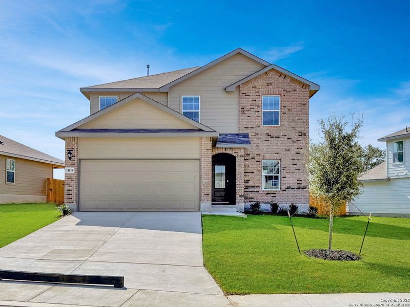 Front exterior of a new home in Riverstone at Westpointe, San Antonio, TX, highlighting curb appeal (Image 2).