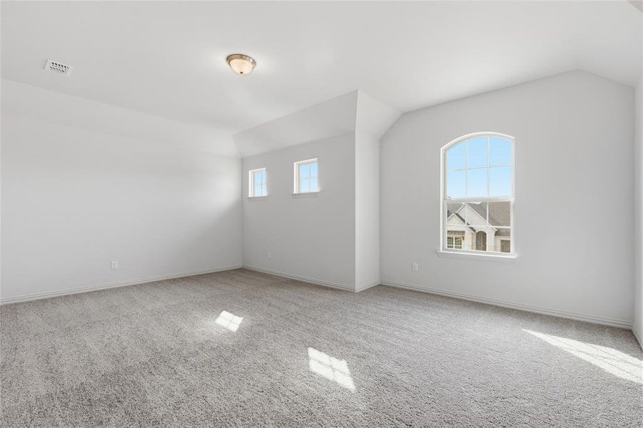 Empty room with light carpet, healthy amount of natural light, and lofted ceiling Empty room with light carpet, healthy amount of natural light, and lofted ceiling