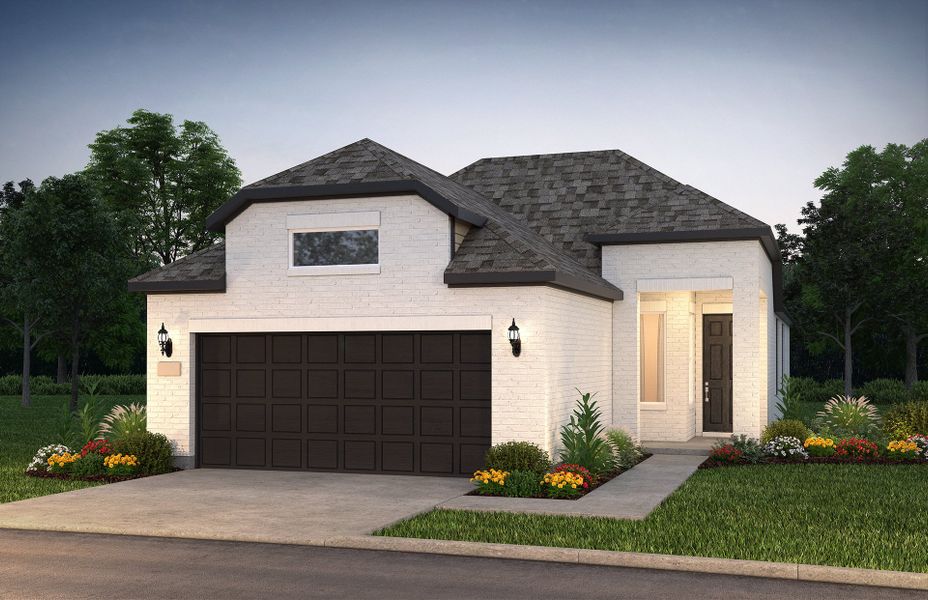 The Compass, a one-story home with 2-car garage, shown with Home Exterior TR201