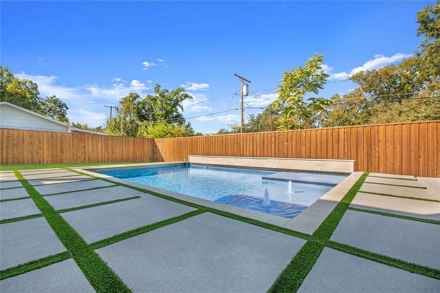 View of swimming pool featuring a fenced backyard and a patio