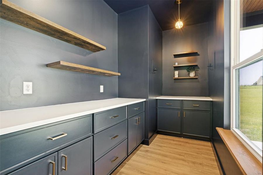 Very unique and spacious butler pantry!! Plenty of storage for all of your kithen needs.