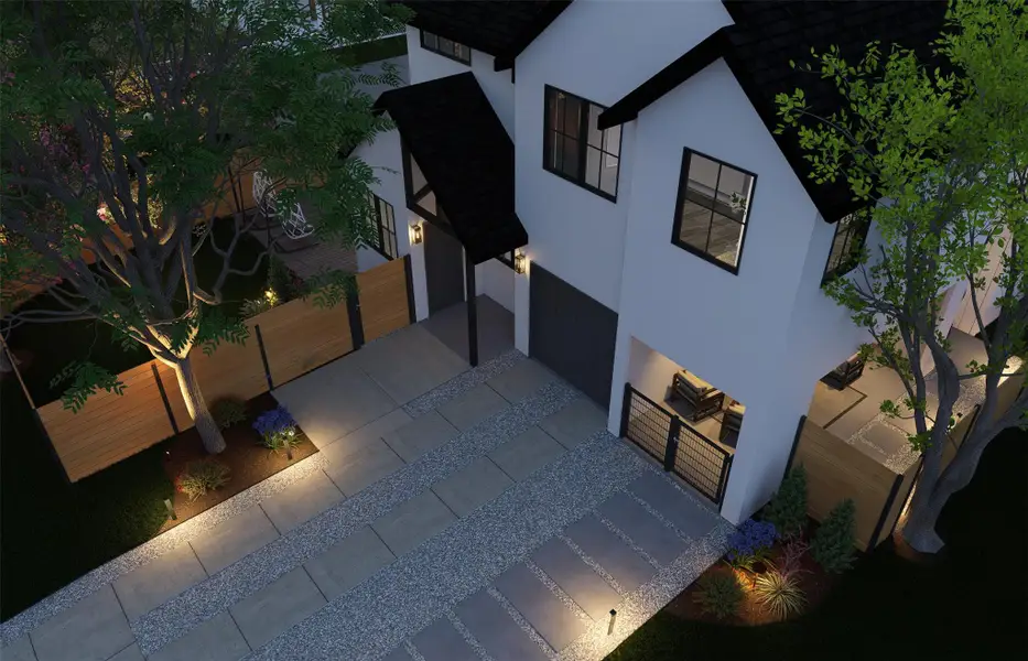 Bold gables and crisp white stucco pair beautifully with modern concrete and gravel driveway details. Bold gables and crisp white stucco pair beautifully with modern concrete and gravel driveway details.