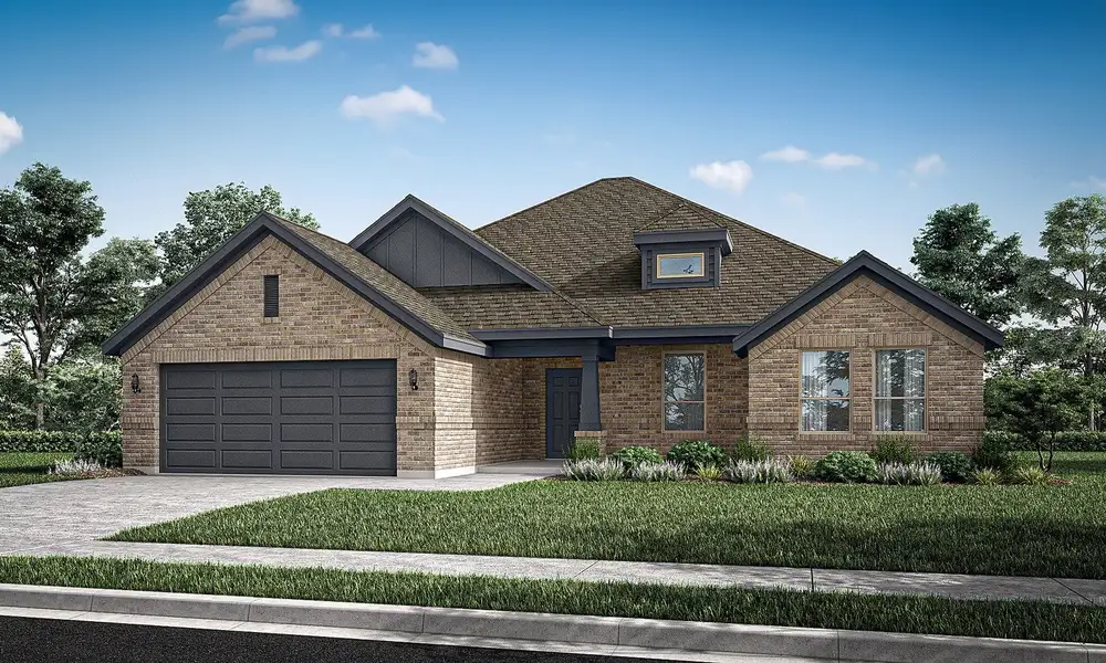 Representative exterior photo of a completed home built from the Cromwell II by Impression Homes in Mountain Valley Lake, Burleson, TX (Image 8). Representative exterior photo of a completed home built from the Cromwell II by Impression Homes in Mountain Valley Lake, Burleson, TX (Image 8).