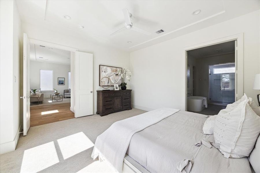 Tranquil Master Retreat – This owner’s is designed with a resort style suite in mind. The spaces feature a bed wall anchored with wall scones, recessed ceiling, surround sound, designated space for seating, dressers, and bedside tables.