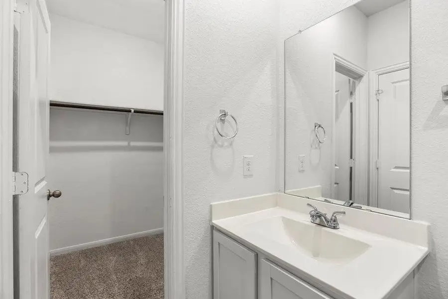 Bathroom featuring vanity, a textured wall, a spacious closet, and dark colored carpet
