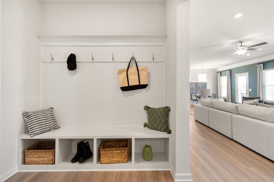 The James- Mudroom with Bench. Home under construction. Sample floor plan photo used for illustrative purposes only. Upgrades, selections options, windows and colors may vary.