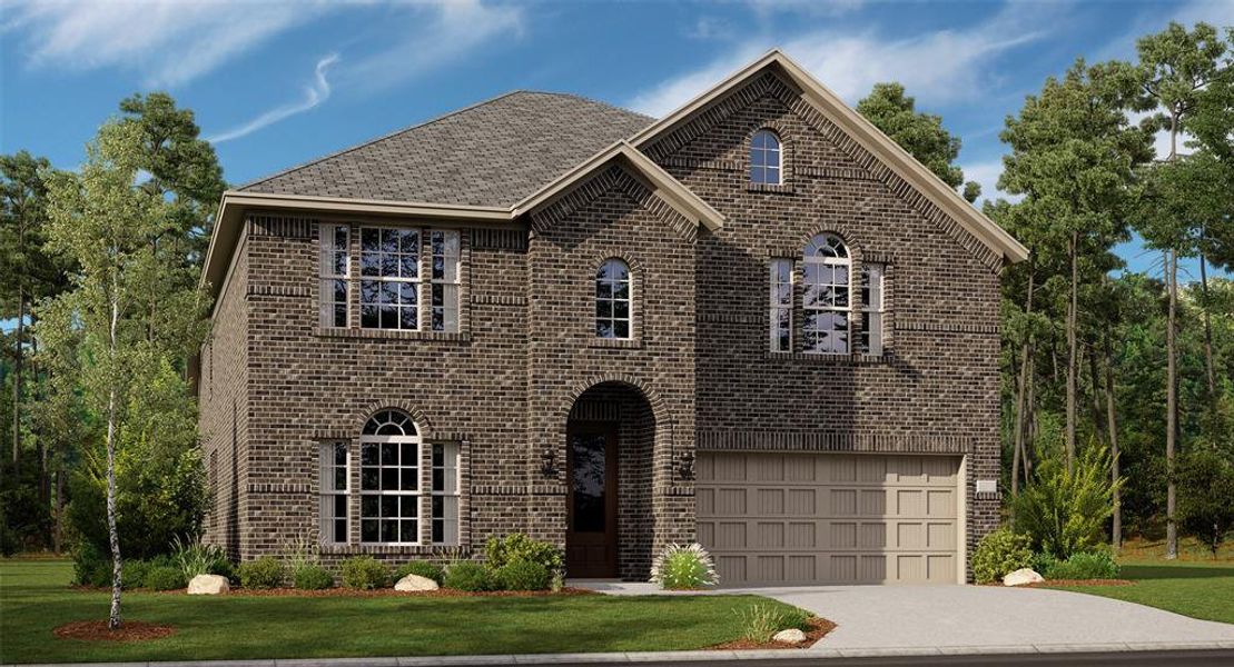 View of front of house featuring a garage and a front lawn