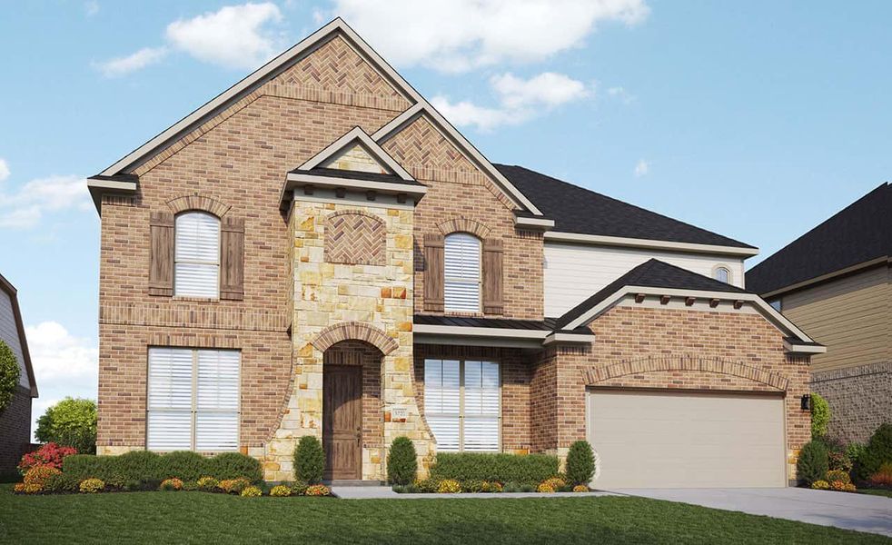 View of front of property featuring a garage, concrete driveway, stone siding, a front lawn, and brick siding