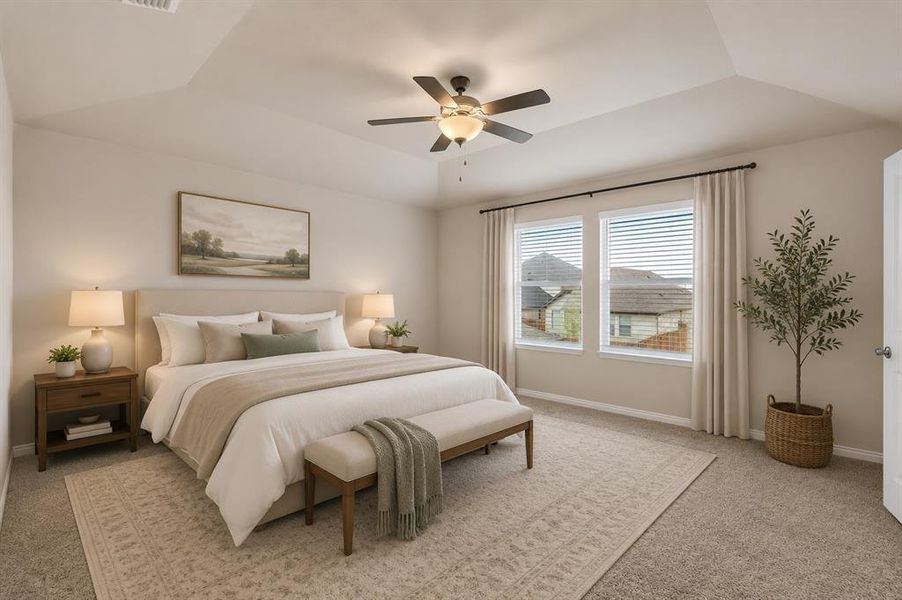 *Virtually Staged* Primary Bedroom featuring a tray ceiling, ceiling fan with integrated lighting, twin windows with blinds, and neutral carpet flooring