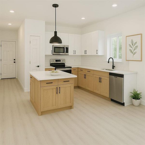 Kitchen featuring backsplash, light wood finished floors, stainless steel appliances, and a sink Kitchen featuring backsplash, light wood finished floors, stainless steel appliances, and a sink